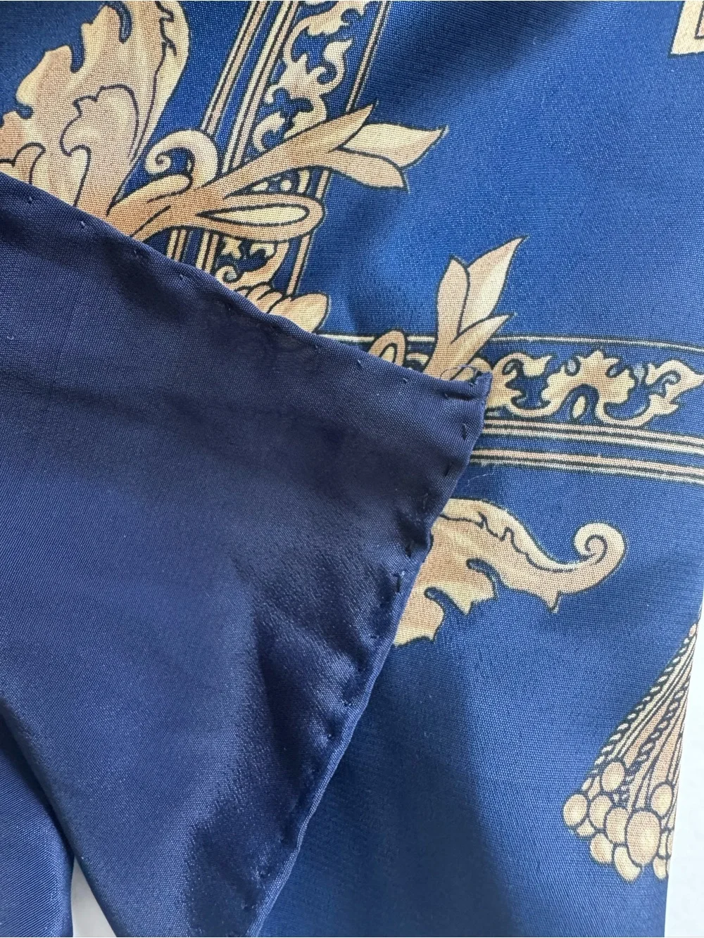 vintage Hermès silk blue,red & gold silk scarf, featuring vibrant 🌻 sunflowers.